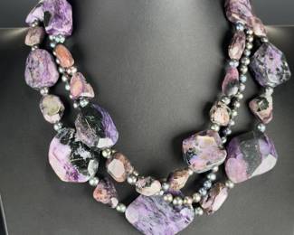 Charoite & Black Pearl Sterling Silver 3-Strand Statement Necklace