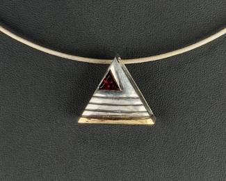 Cornelis Hollander 18K Gold Sterling Silver Garnet Triangle Pendant Necklace