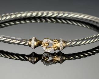 David Yurman Cable Bracelet Sterling Silver 18K Gold Diamond Buckle