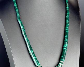 Vintage Southwest Green Resin Disc & Silver-Tone Beaded Necklace - 25.5 Inch