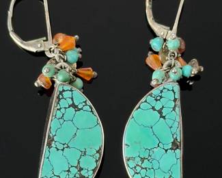 Boho Sterling Silver Spiderweb Turquoise Cluster Dangle Earrings