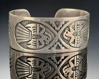 Vintage Navajo Sterling Silver Overlay Thunderbird Cuff Bracelet Native American