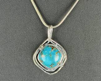 Artisan Sterling Silver Turquoise Pendant Necklace - Italian 925 Snake Chain