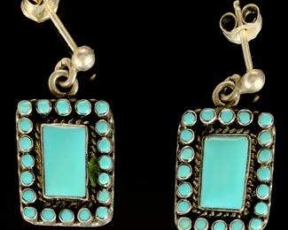 Zuni Style Turquoise Inlay Sterling Silver Earrings Native American Signed BM