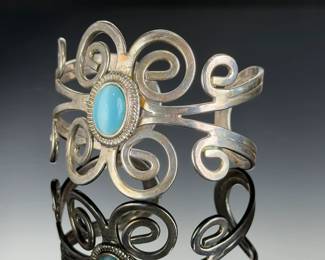 Vintage Silver Aqua Cat's Eye Cabochon Cuff Bracelet, Ornate Scrollwork