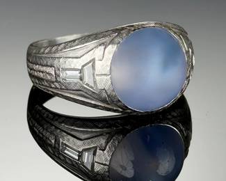 Art Deco Platinum Star Sapphire Ring w/ Baguette Diamonds, Engraved Shoulders
