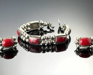 Vintage Mexican Sterling Silver Red Coral Bracelet & Earrings Set Taxco TB-167