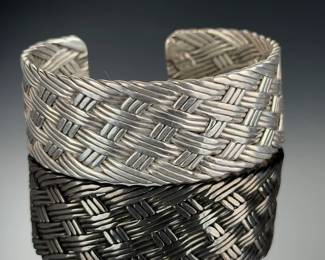 Vintage Mexican Sterling Silver Basket Weave Cuff Bracelet 925