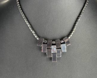 Modernist Hematite Geometric Bib Necklace Vintage Gunmetal Gray 16"