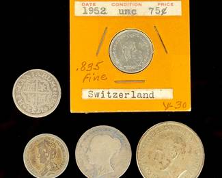 5-Coin Silver Lot: 1737 Spanish Real, UK Victoria, Australia Florin, Swiss, Dutch