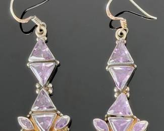 Vintage Sterling Silver Amethyst Geometric Bohemian Dangle Earrings 925
