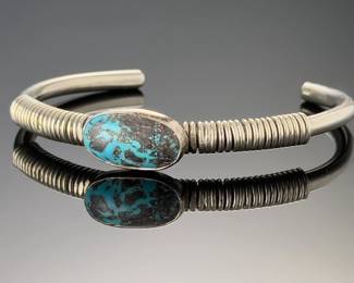 Vintage Sterling Silver Bisbee Turquoise Coiled Wire Cuff Bracelet