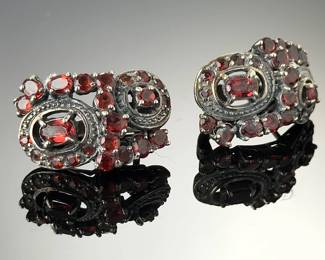 Vintage Sterling Silver Fiery Red Garnet Cluster Omega Back Earrings 925