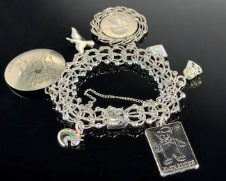 Vintage JB Sterling Silver Charm Bracelet with 1962 Coin & Enamel Charms