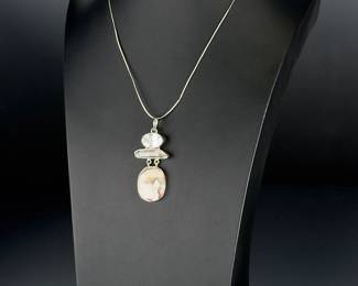 Modernist 925 Sterling Silver Ocean Jasper & Clear Quartz Totem Necklace