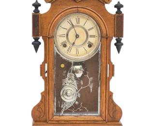 Antique Oak Gingerbread Parlor Clock - Etched Bird Glass, Key & Pendulum