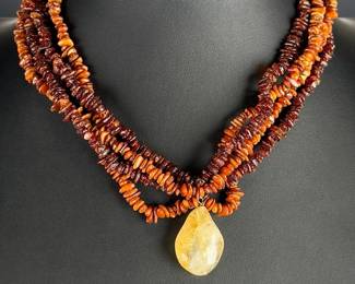 Baltic Amber & Citrine Sterling Silver Multi-Strand Statement Necklace 925