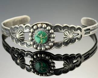 Fred Harvey Era Native American Silver & Green Turquoise Cuff Bracelet