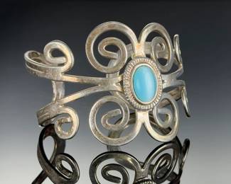 Vintage Silver Aqua Cat's Eye Cabochon Cuff Bracelet, Ornate Scrollwork