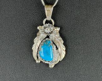 Navajo Sterling Silver Kingman Turquoise Pendant Necklace Signed SE Italy 925