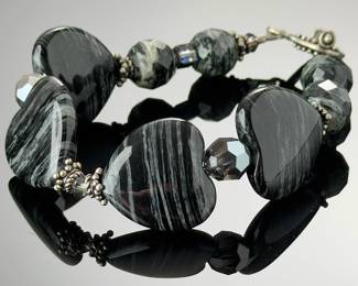 Zebra Jasper Heart Toggle Bracelet 7" Artisan Beaded Silver Tone