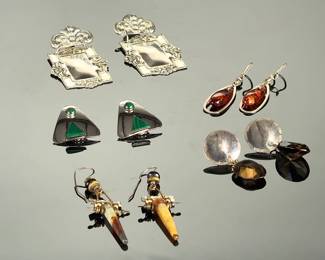 5 Pairs Vintage Sterling Silver Artisan Earrings Malachite Amber Smoky Quartz