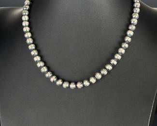 Vintage Sterling Silver Navajo Pearl Beaded Necklace 18 Inch 8mm Bench Beads