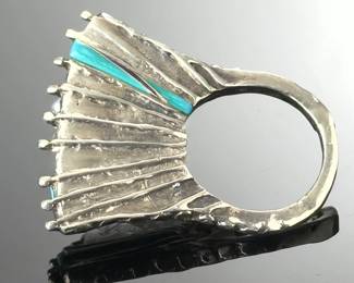 Brutalist Sterling Silver Statement Fan Ring Turquoise & Sugilite Inlay Sz 7.75