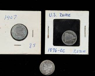 1876-CC Seated Liberty, 1907 Barber, 1944 Mercury US 90% Silver Dimes Lot