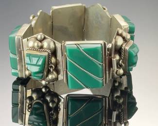 Vintage Mexican Sterling Silver Carved Green Onyx Mayan Mask Bracelet 925