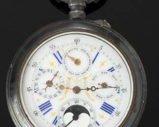 Antique Swiss Gunmetal Full Calendar Moonphase Pocket Watch Italian Dial c.1890