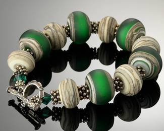 Artisan Handmade Lampwork Glass Toggle Bracelet Green Earthy Swirl Beads 8"