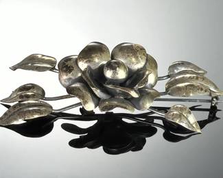 Sterling Silver Vintage Floral Brooch Pin, Sculptural Rose & Leaves
