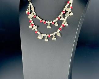 Artisan 925 Sterling Silver Freshwater Pearl & Carnelian Statement Necklace 19"