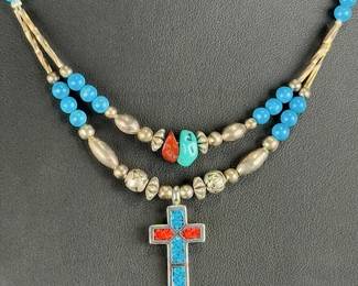 Southwest Liquid Silver Turquoise Coral Cross Pendant Necklace 18in