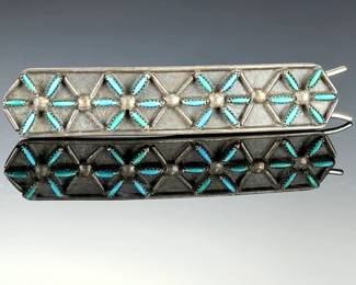 Antique Zuni Needlepoint Turquoise Silver Hair Clip Barrette Native American SW