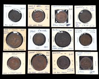 Canada Coins & Tokens: 12-Piece Lot Early Copper Cents & Bank Tokens (1832-1917)