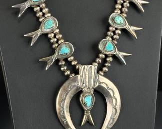 Early Sandcast Navajo Turquoise & Silver Squash Blossom Necklace, c. 1940s