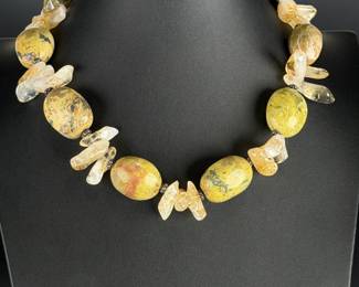 Chunky Serpentine & Citrine Quartz Sterling Silver 925 Statement Necklace