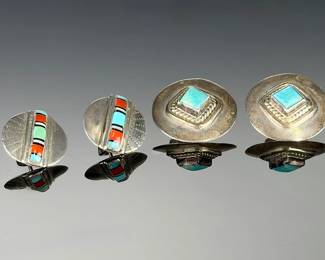Native American Sterling Silver Turquoise Inlay Earrings Lot, Signed LK