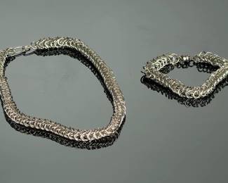 Sterling Silver Byzantine Link Necklace & Bracelet Set 84.9g Heavy Chainmail