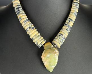 Native American Serpentine Disc Necklace Sterling Silver Carved Pendant