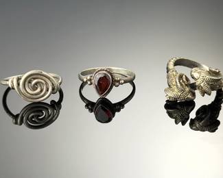 Vintage Sterling Silver Garnet Ring, Ram Head & Spiral Wire Rings - Lot of 3