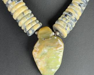 Native American Serpentine Disc Necklace Sterling Silver Carved Pendant
