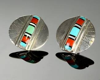 Native American Sterling Silver Turquoise Inlay Earrings Lot, Signed LK
