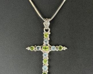 Disney JCM Sterling Silver Gemstone Cross Pendant Necklace Peridot Blue Topaz