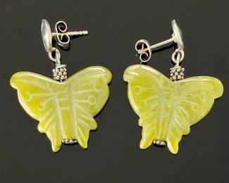 Carved Serpentine Jade Butterfly Earrings Sterling Silver Whimsical Boho Studs