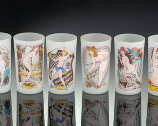 Vintage Mid-Century Frosted Pin-Up Bar Glasses by D'Marj - Lot of 6 Risque