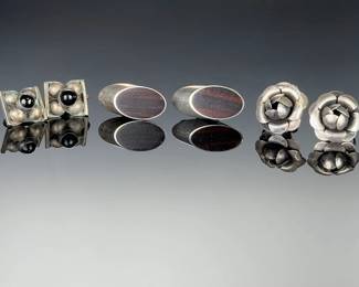 Vintage Mexican Silver Clip-On Earrings Lot of 3 Pairs w/ Wood Inlay