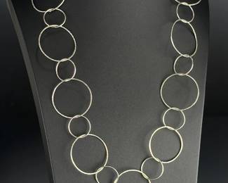 LJR Signed Sterling Silver Modernist Interlocking Ring Statement Necklace 28"